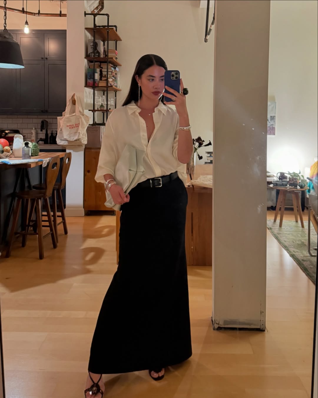 Black Maxi Skirt With Oversized White Shirt — Trendy Satin Skirt Outfits