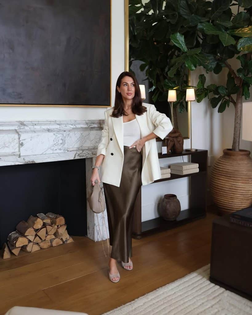 Brown Satin Midi Skirt With Oversized Blazer — Trendy Satin Skirt Outfits