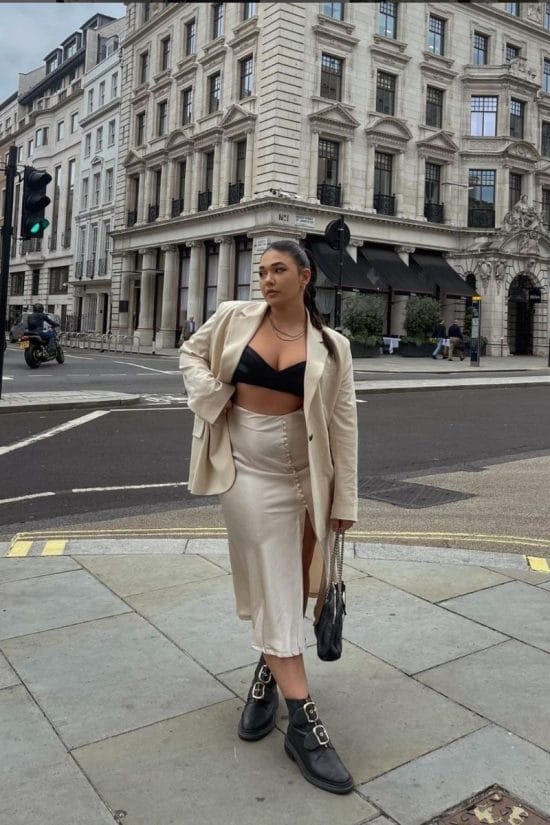 Cream Satin Midi Skirt With High Slit And Blazer — Trendy Satin Skirt Outfits