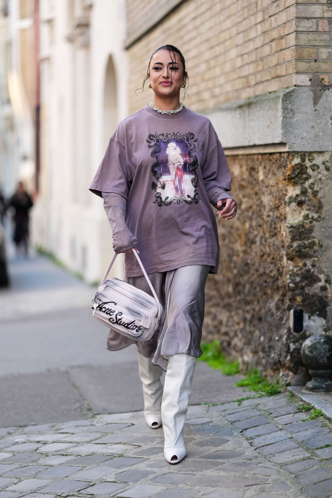 Grey Satin Midi Skirt With Graphic T-Shirt — Trendy Satin Skirt Outfits