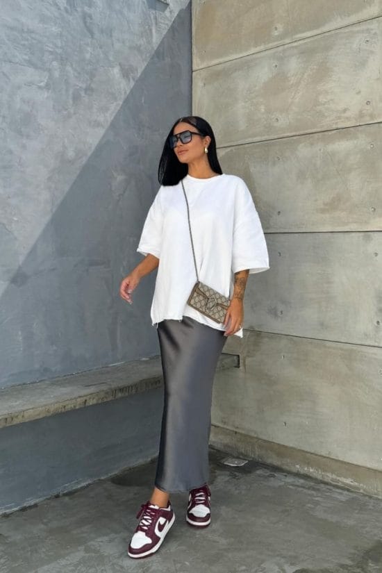 Dark Grey Satin Midi Skirt With Oversized T-Shirt — Trendy Satin Skirt Outfits