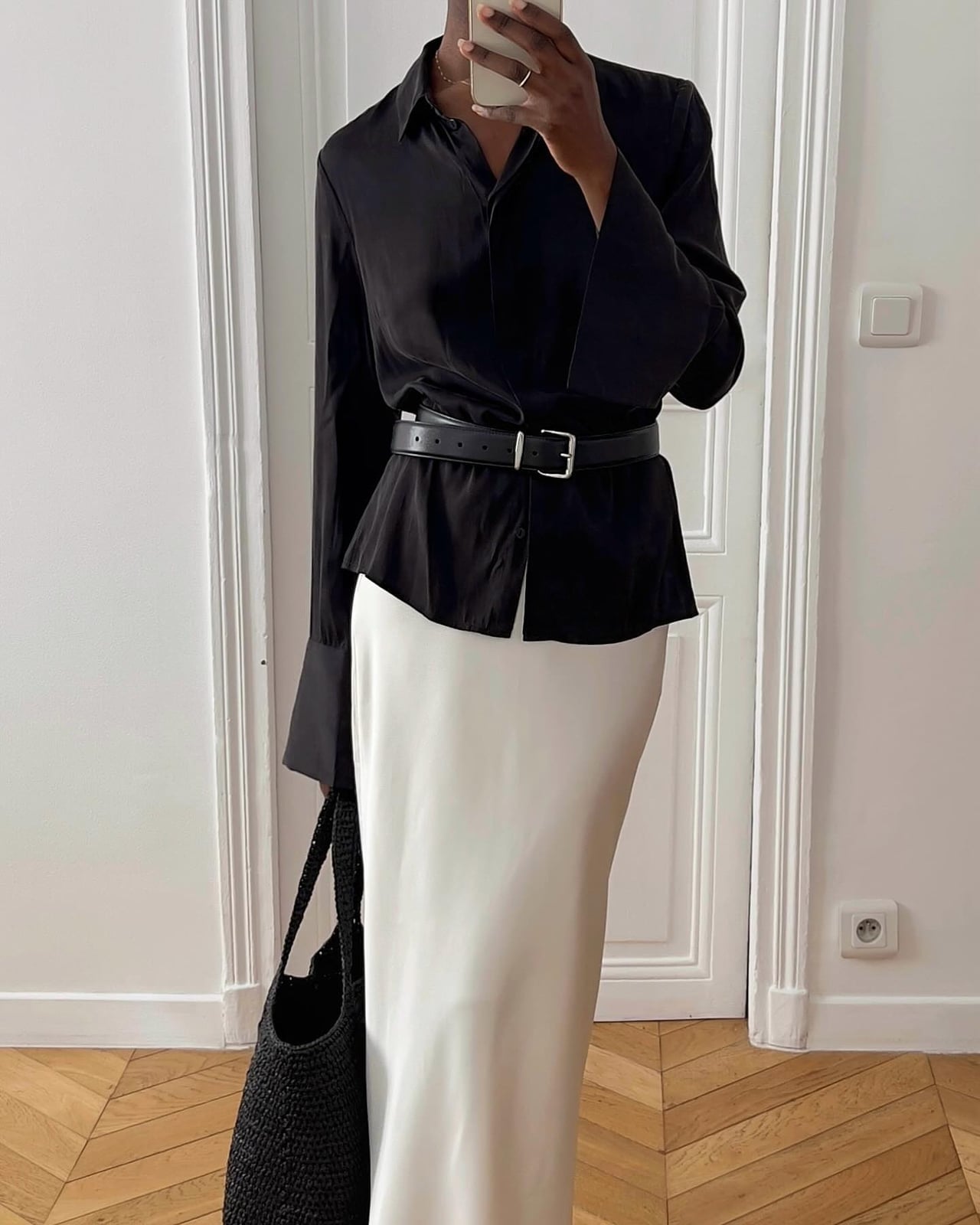 Emerald Green Satin Midi Skirt With Turtleneck — Trendy Satin Skirt Outfits