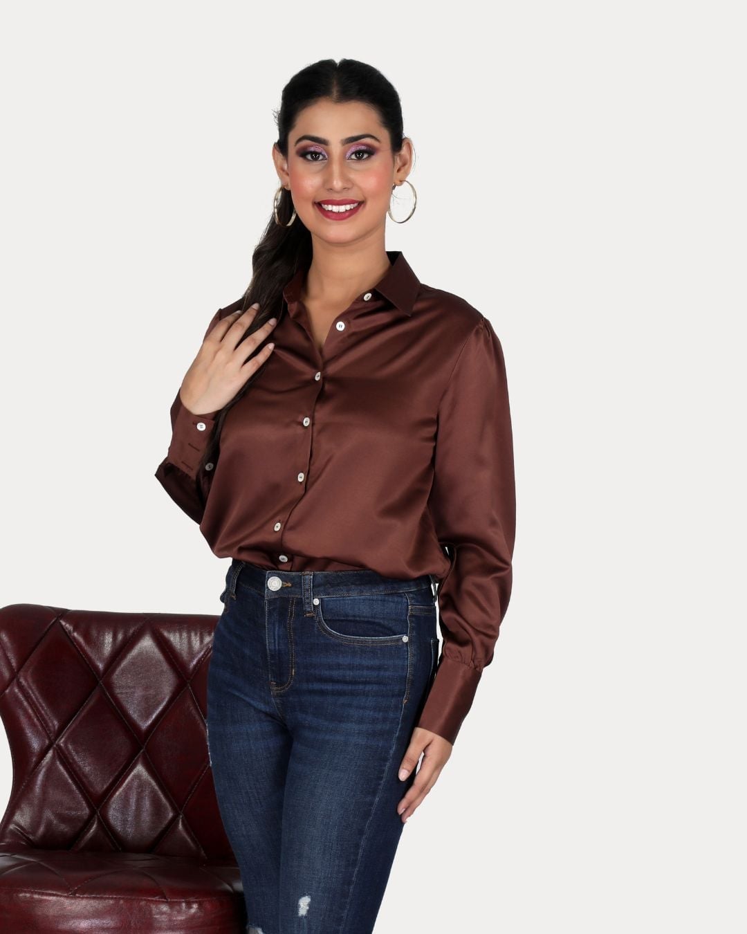 Brown Satin Shirt with Blue Denim Jeans Brown Satin Shirt with Blue Denim Jeans — Trendy Satin Top Outfits