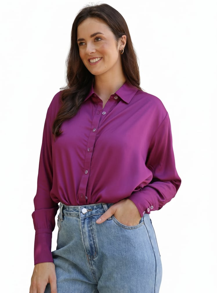 Fuschia Satin Shirt with Light Wash Jeans Fuschia Satin Shirt with Light Wash Jeans — Trendy Satin Top Outfits