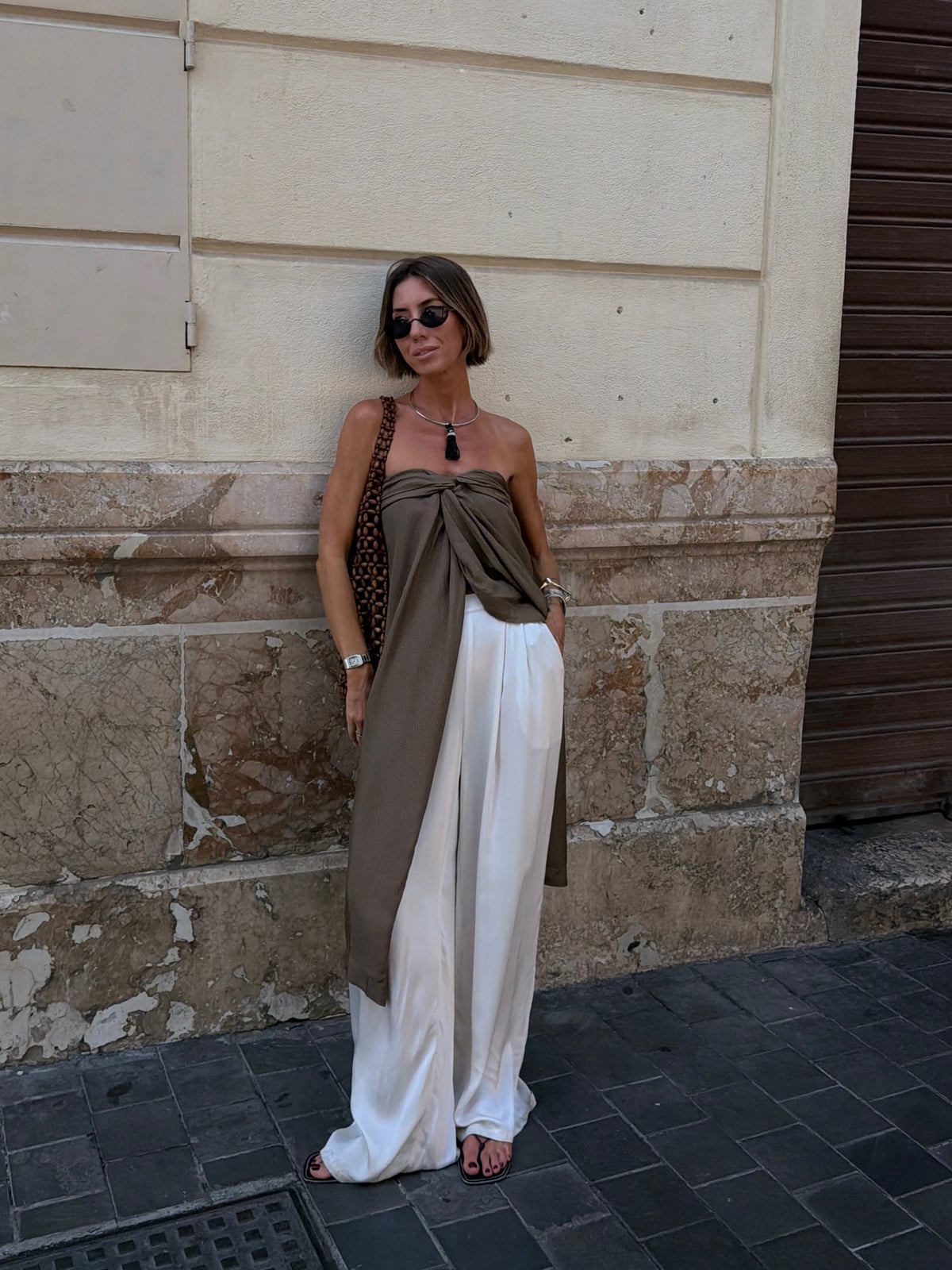 Brown Draped Satin Top with White Pants Brown Draped Satin Top with White Pants — Trendy Satin Top Outfits