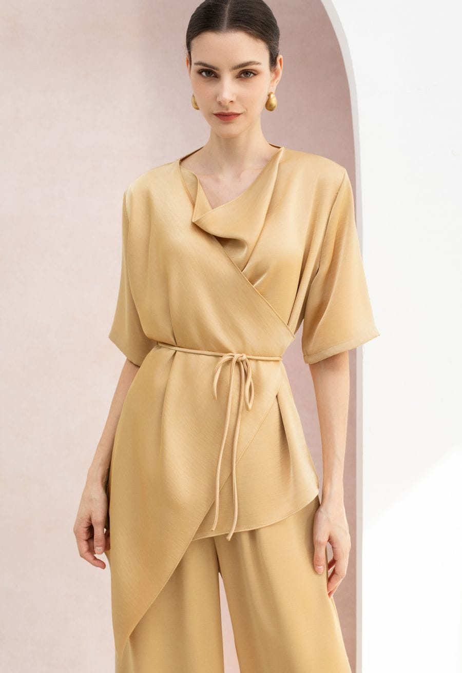 Gold Satin Cowl Neck Top with Matching Trousers Gold Satin Cowl Neck Top with Matching Trousers — Trendy Satin Top Outfits
