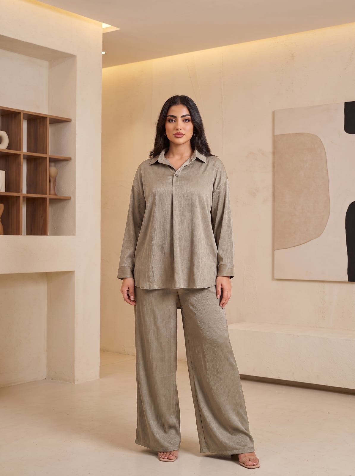 Taupe Satin Shirt and Trousers Co-Ord Taupe Satin Shirt and Trousers Co-Ord — Trendy Satin Top Outfits