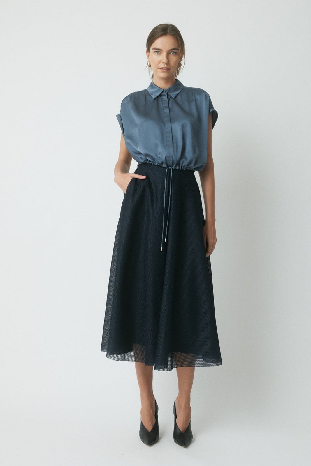 Blue Satin Shirt with Navy Skirt Blue Satin Shirt with Navy Skirt — Trendy Satin Top Outfits