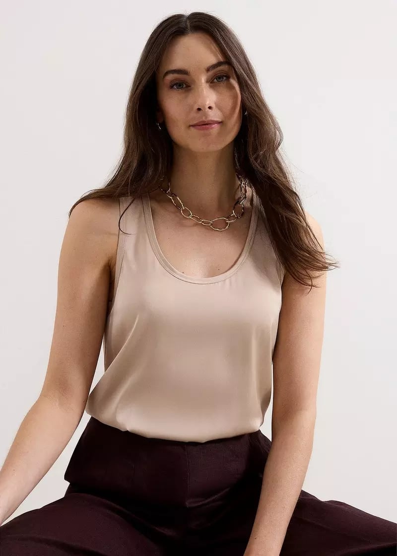 Beige Satin Camisole with Wide Leg Trousers Beige Satin Camisole with Wide Leg Trousers — Trendy Satin Top Outfits
