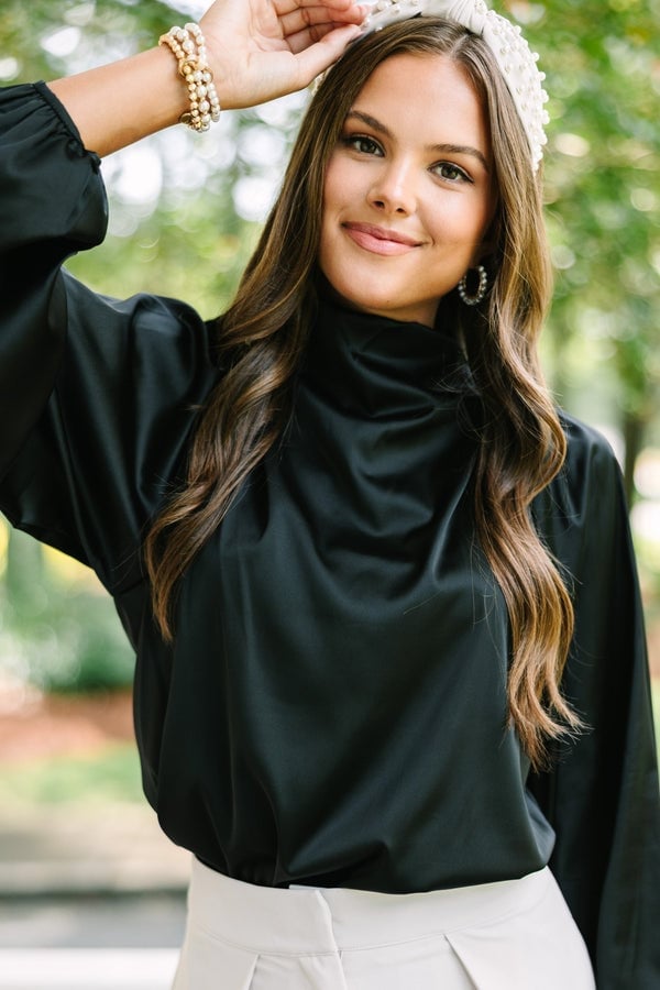 Black Satin Blouse with High Neckline Black Satin Blouse with High Neckline — Trendy Satin Top Outfits