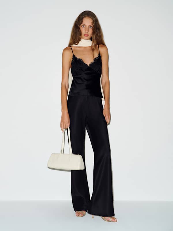 Black Satin Cami with Lace Trim and Wide Leg, Office-Safe Version Black Satin Cami with Lace Trim and Wide Leg, Office-Safe Version — Trendy Satin Top Outfits