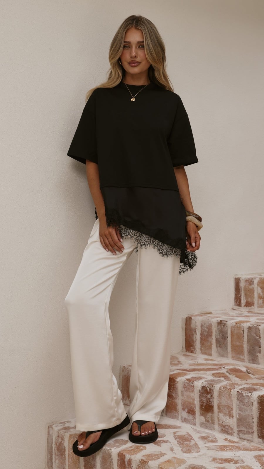 Satin Panel T-Shirt with White Trousers, Close-Up Take Satin Panel T-Shirt with White Trousers, Close-Up Take — Trendy Satin Top Outfits