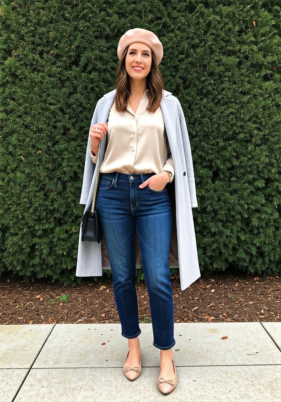 Beige Satin Shirt with Grey Coat and Jeans and Nude Pointed Flats Beige Satin Shirt with Grey Coat and Jeans and Nude Pointed Flats — Trendy Satin Top Outfits