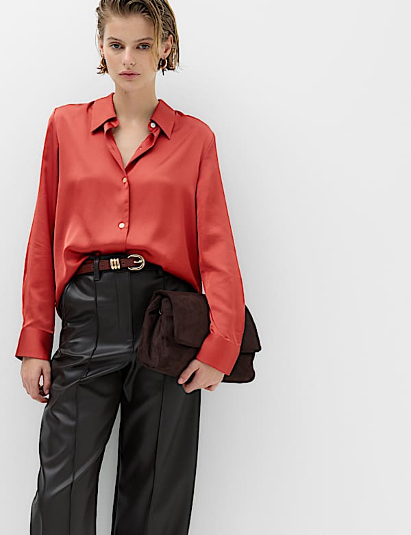 Red Satin Shirt with Faux Leather Pants Red Satin Shirt with Faux Leather Pants — Trendy Satin Top Outfits