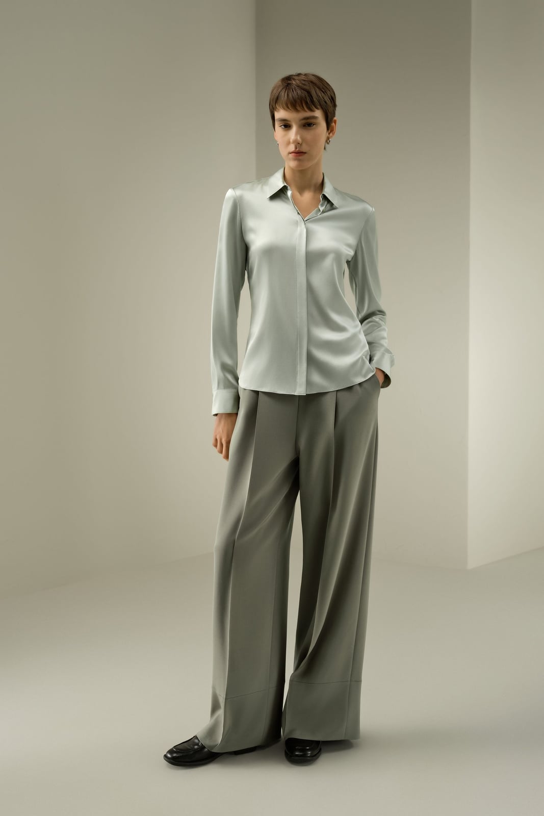 Silver Sage Silk Blouse with Grey Trousers Silver Sage Silk Blouse with Grey Trousers — Trendy Satin Top Outfits