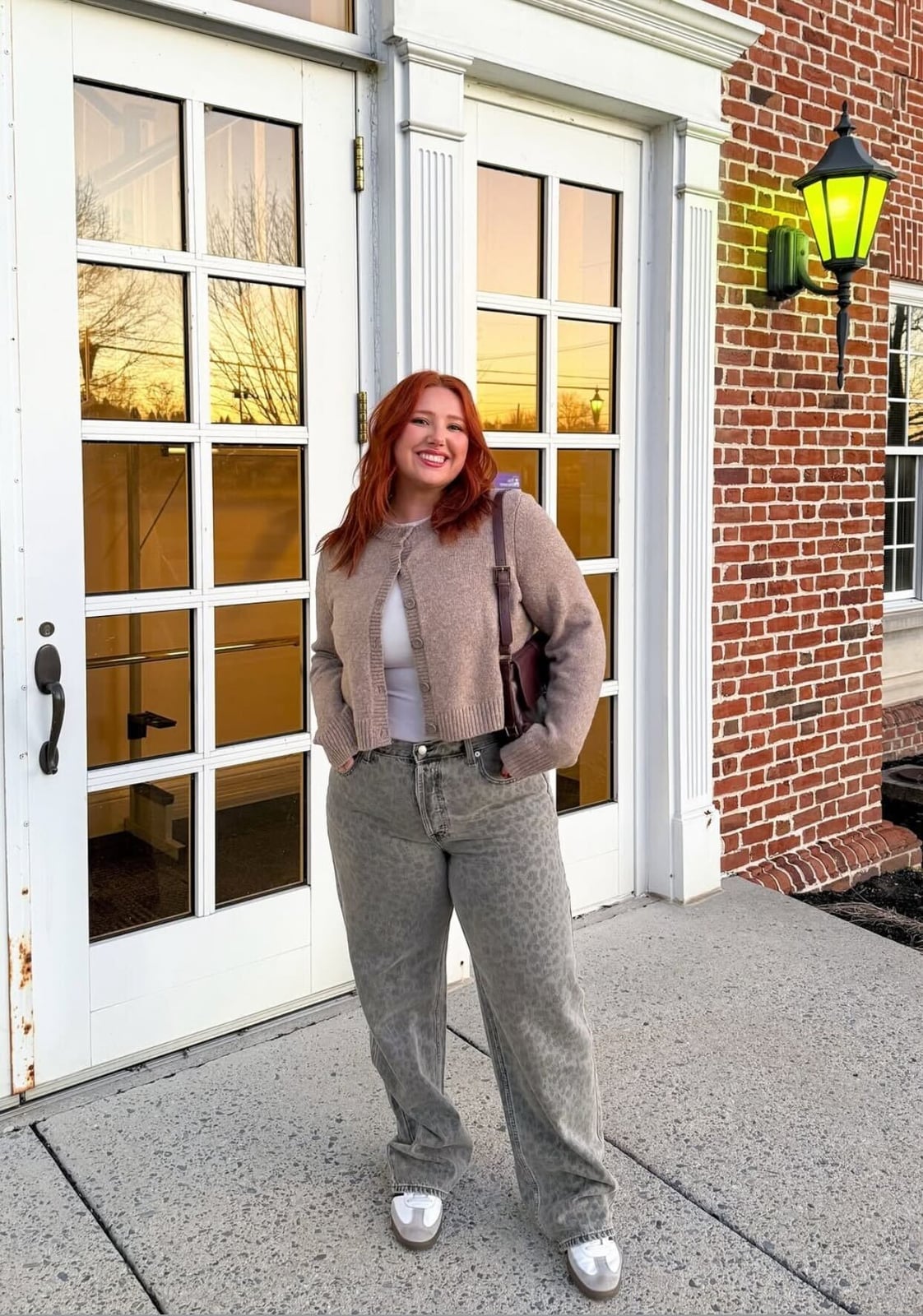 Beige Cardigan with Grey Leopard Print Trousers Beige Cardigan with Grey Leopard Print Trousers — Trendy School Outfits