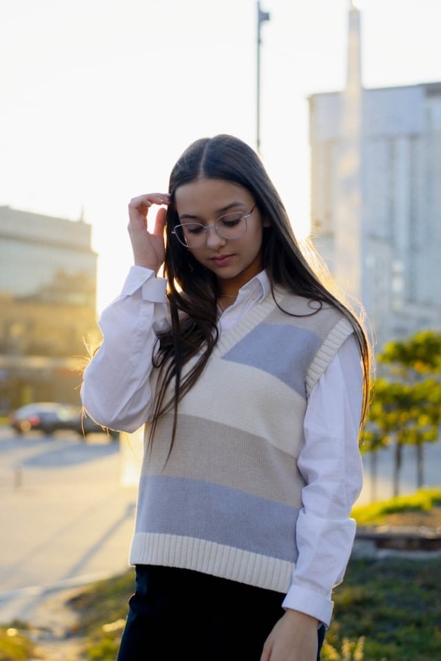 Striped Sweater Vest and Dark Trousers Striped Sweater Vest and Dark Trousers — Trendy School Outfits