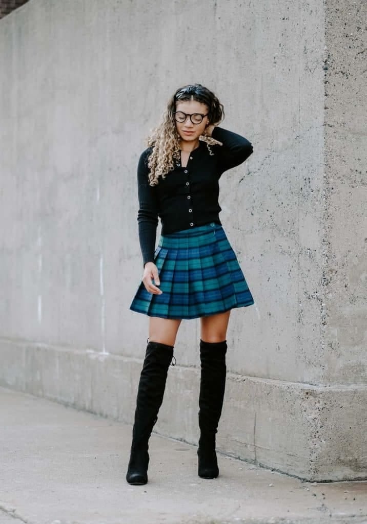 Black Cardigan with Plaid Mini Skirt Black Cardigan with Plaid Mini Skirt — Trendy School Outfits