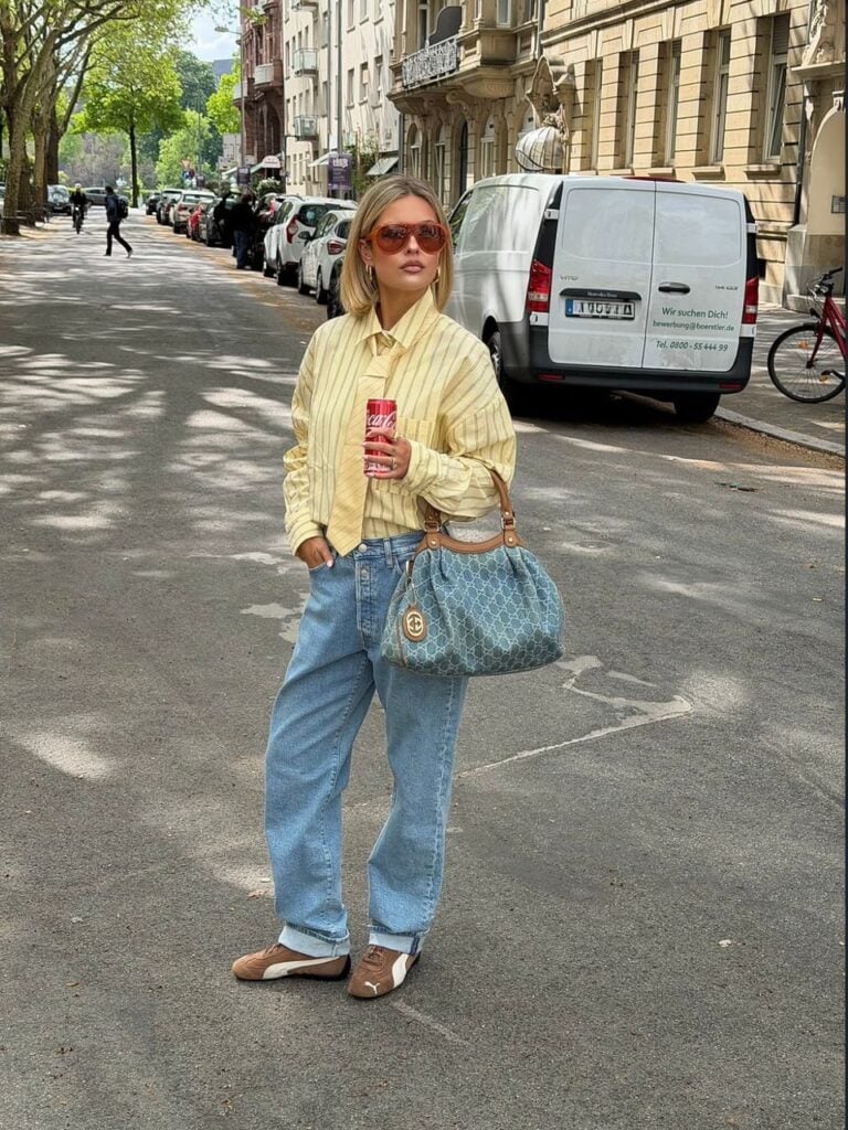 Yellow Striped Shirt with Tan Tie and Wide Leg Jeans Yellow Striped Shirt with Tan Tie and Wide Leg Jeans — Trendy School Outfits