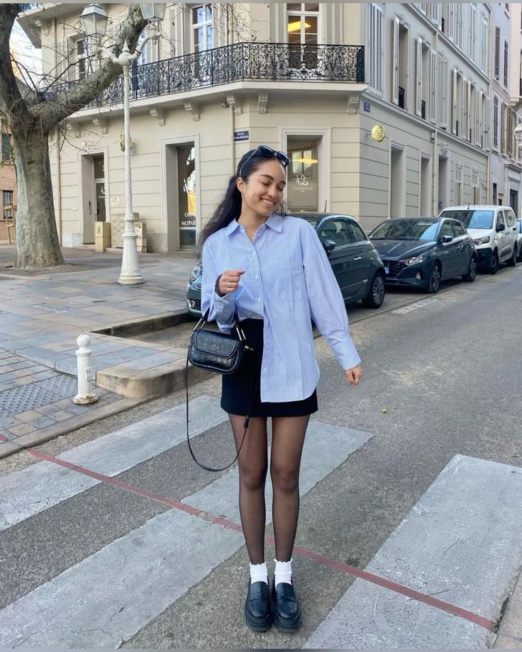 Oversized Blue Shirt and Black Mini Skirt Oversized Blue Shirt and Black Mini Skirt — Trendy School Outfits