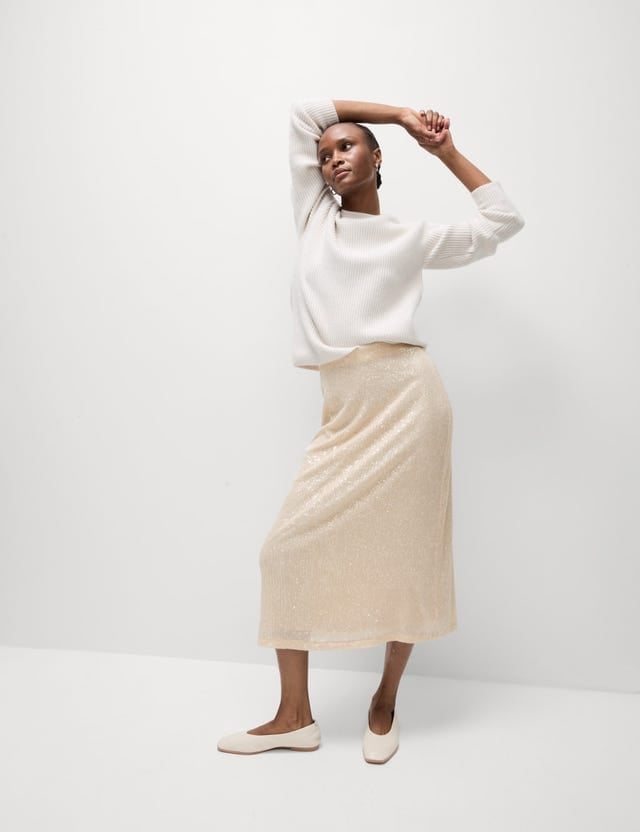Champagne Sequin Midi Skirt and Ribbed Sweater Champagne Sequin Midi Skirt and Ribbed Sweater — Trendy Sequin Outfits