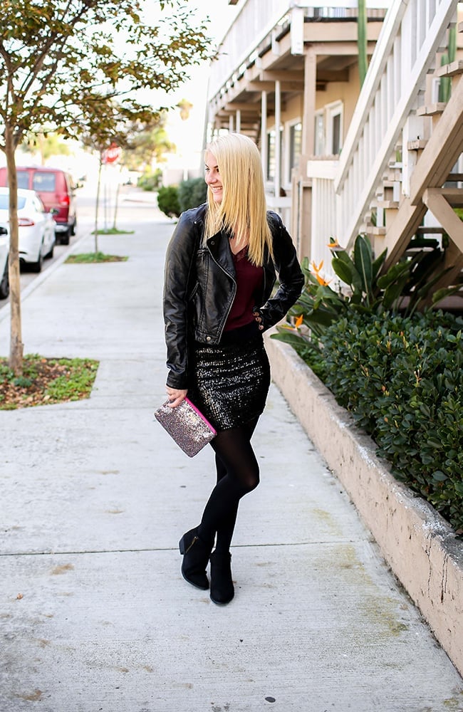 Black Sequin Mini Skirt with Leather Jacket Black Sequin Mini Skirt with Leather Jacket — Trendy Sequin Outfits