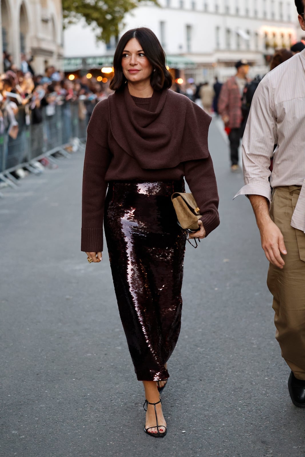 Bronze Sequin Skirt with a Cowl Neck Sweater Bronze Sequin Skirt with a Cowl Neck Sweater — Trendy Sequin Outfits