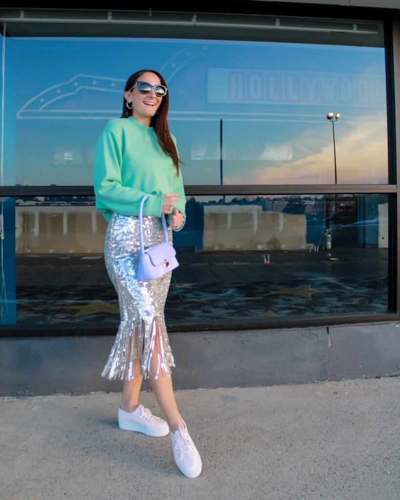 Sequin Midi Skirt with Fringe and Sweatshirt Sequin Midi Skirt with Fringe and Sweatshirt — Trendy Sequin Outfits