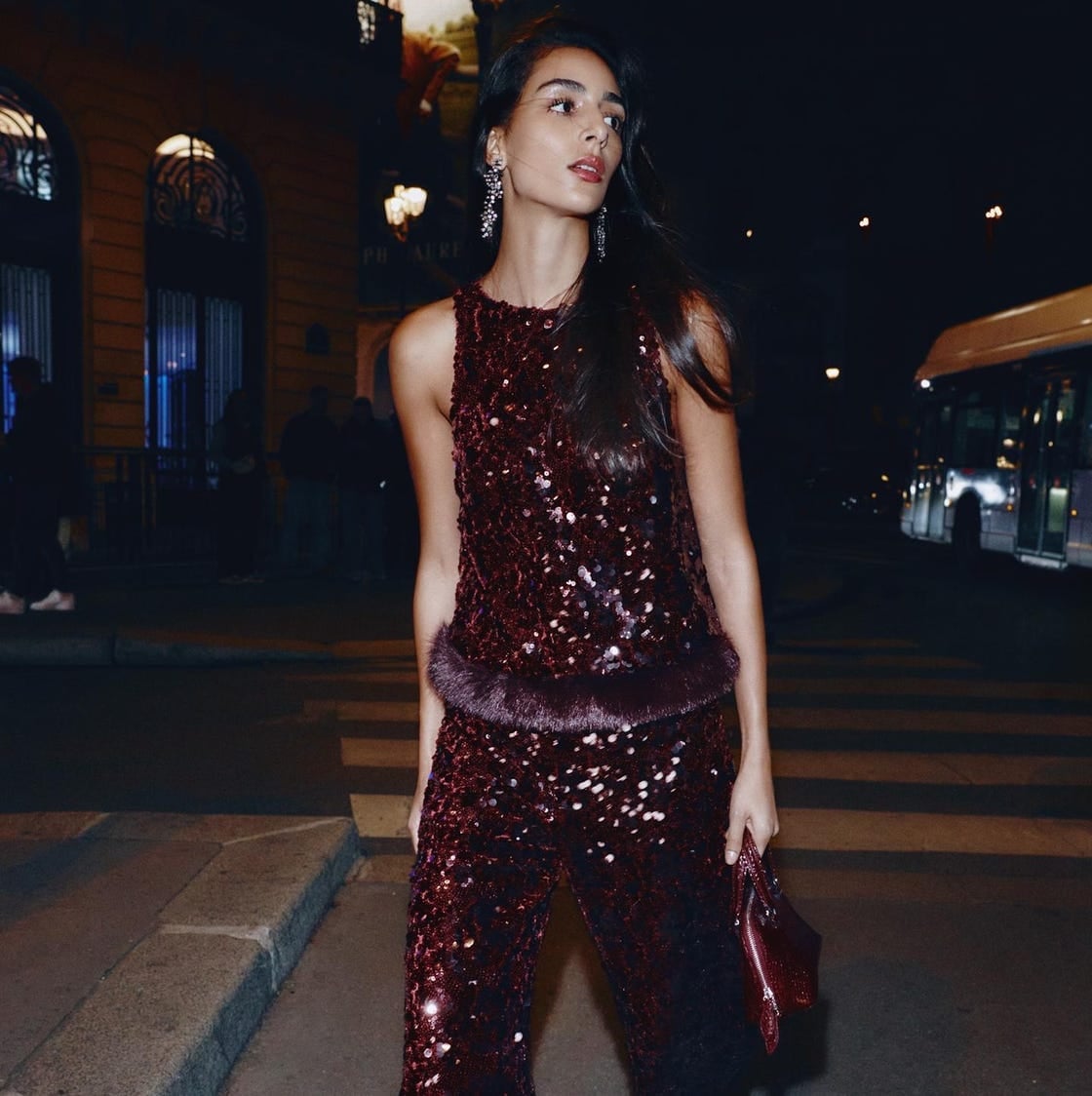 Burgundy Sequin Set with Fur Trim Burgundy Sequin Set with Fur Trim — Trendy Sequin Outfits