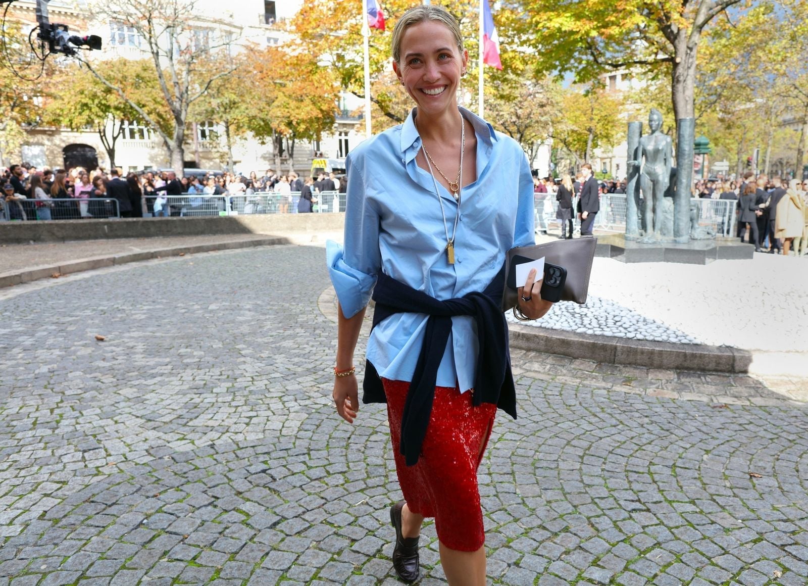 Red Sequin Midi Skirt With Light Blue Shirt Red Sequin Midi Skirt With Light Blue Shirt — Trendy Sequin Skirt Outfit