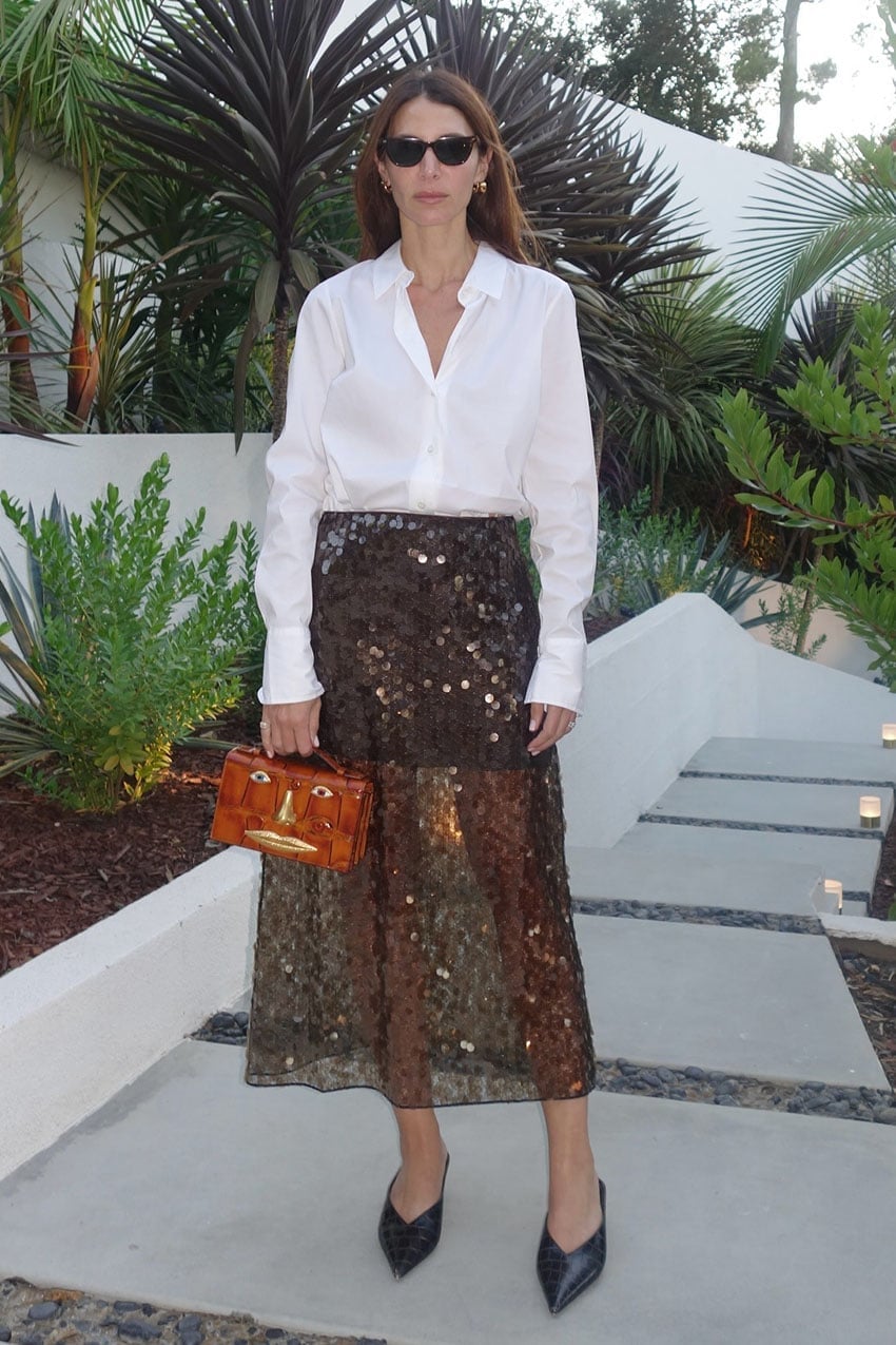 Brown Sequin Midi Skirt With White Button-Down Shirt Brown Sequin Midi Skirt With White Button-Down Shirt — Trendy Sequin Skirt Outfit