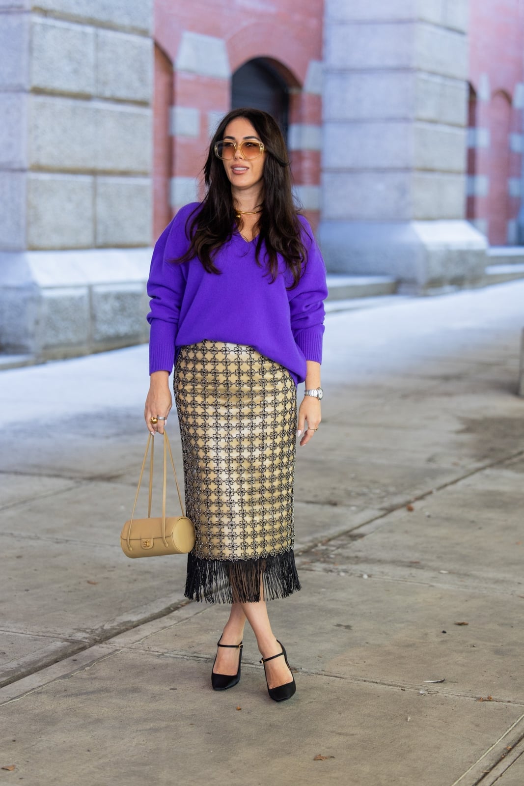 Gold Sequin Midi Skirt With Purple Sweater Gold Sequin Midi Skirt With Purple Sweater — Trendy Sequin Skirt Outfit