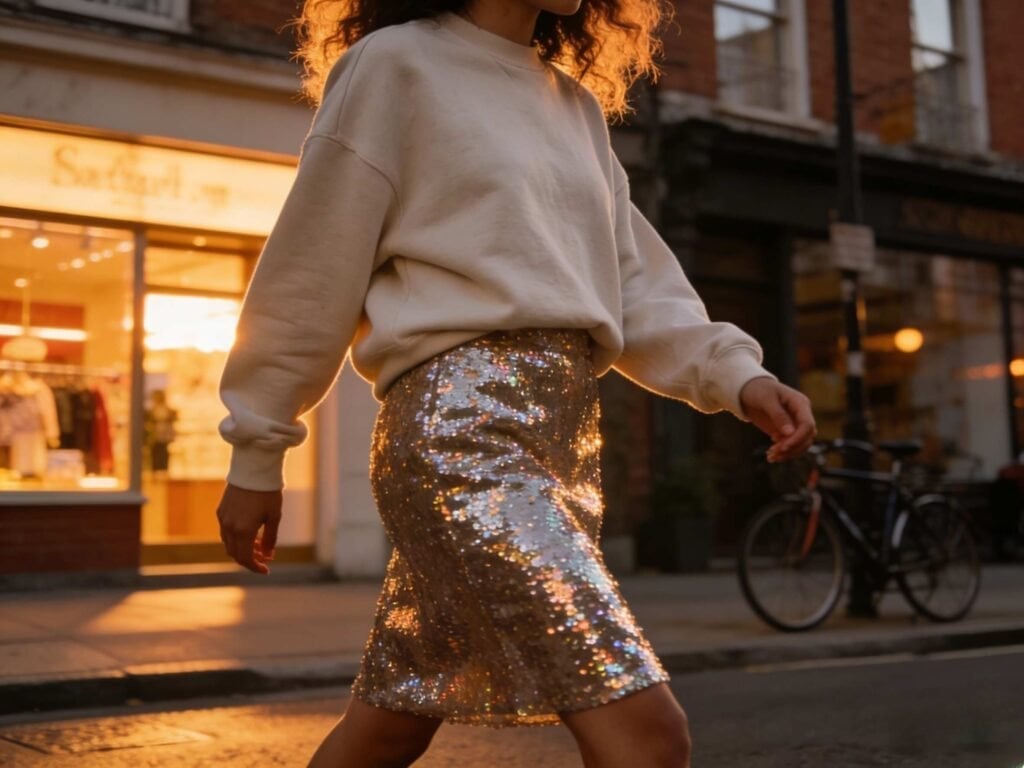 Silver Sequin Mini Skirt With Unbuttoned White Shirt Silver Sequin Mini Skirt With Unbuttoned White Shirt — Trendy Sequin Skirt Outfit