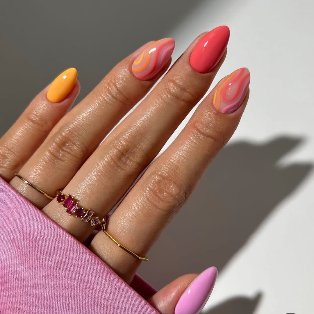 Abstract Swirls Short Almond Nails — Trendy Short Acrylic Nails