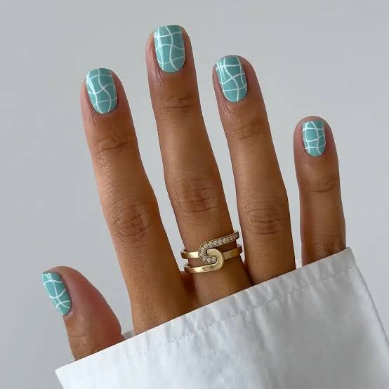 Teal With White Grid Pattern Short Square Nails — Trendy Short Acrylic Nails