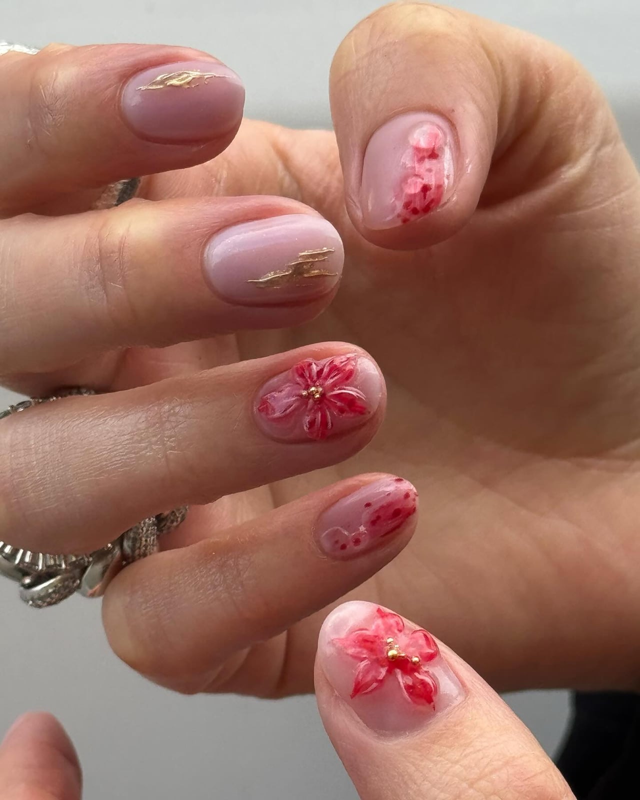 Sheer Pink With Gold Foil and 3D Flowers Nails — Trendy Short Acrylic Nails