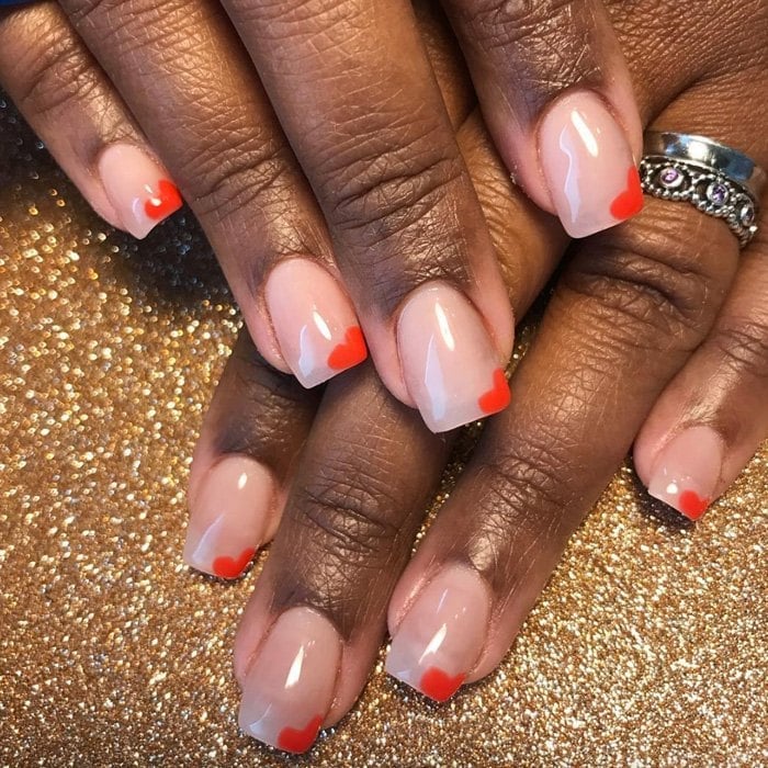 Square Pink With Red Heart Tips Nails — Trendy Short Acrylic Nails