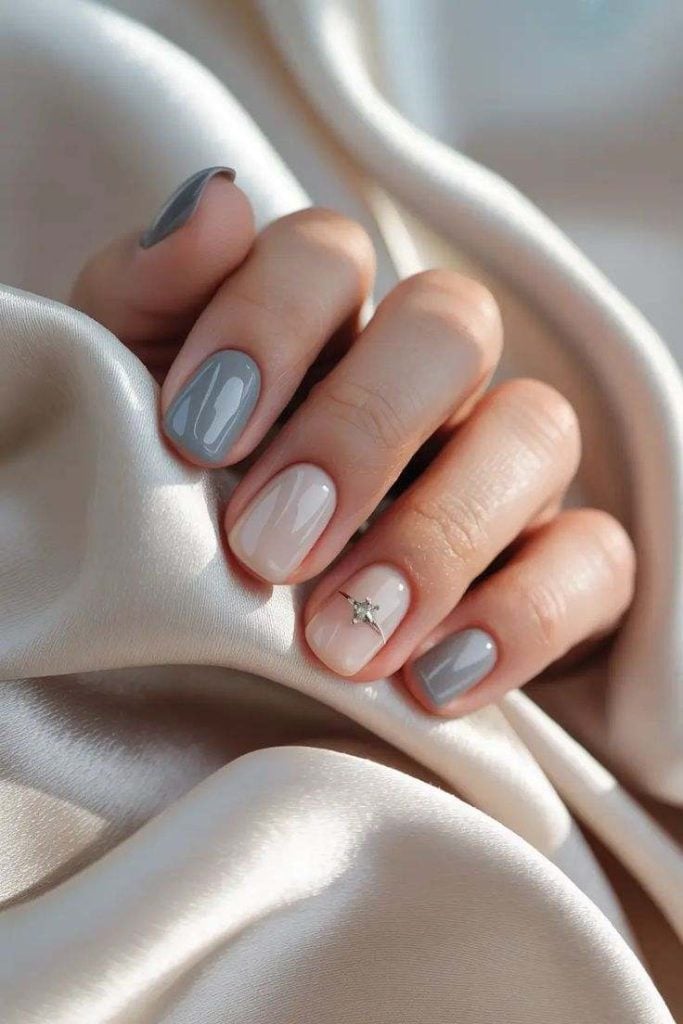 Muted Grey Sheer Nude With Ring Accent Nails — Trendy Short Acrylic Nails