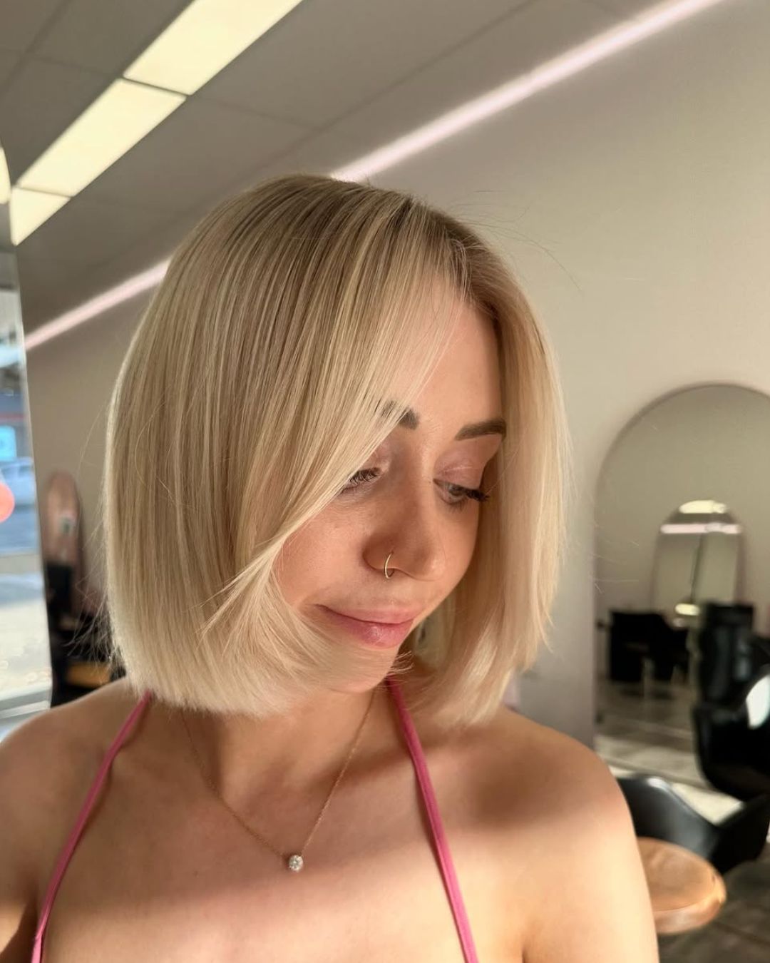 Ash Blonde Blunt Bob With Curtain Bangs Ash Blonde Blunt Bob With Curtain Bangs — Trendy Short Bob