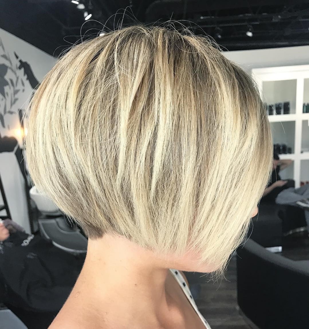 Blonde Stacked Bob With Layered Volume, Collarbone Blonde Stacked Bob With Layered Volume, Collarbone — Trendy Short Bob
