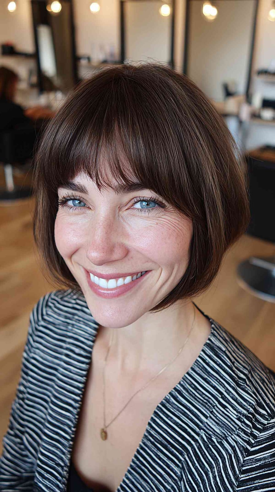 Thick Medium Brown Blunt Bob With Bangs, Chin Thick Medium Brown Blunt Bob With Bangs, Chin — Trendy Short Bob