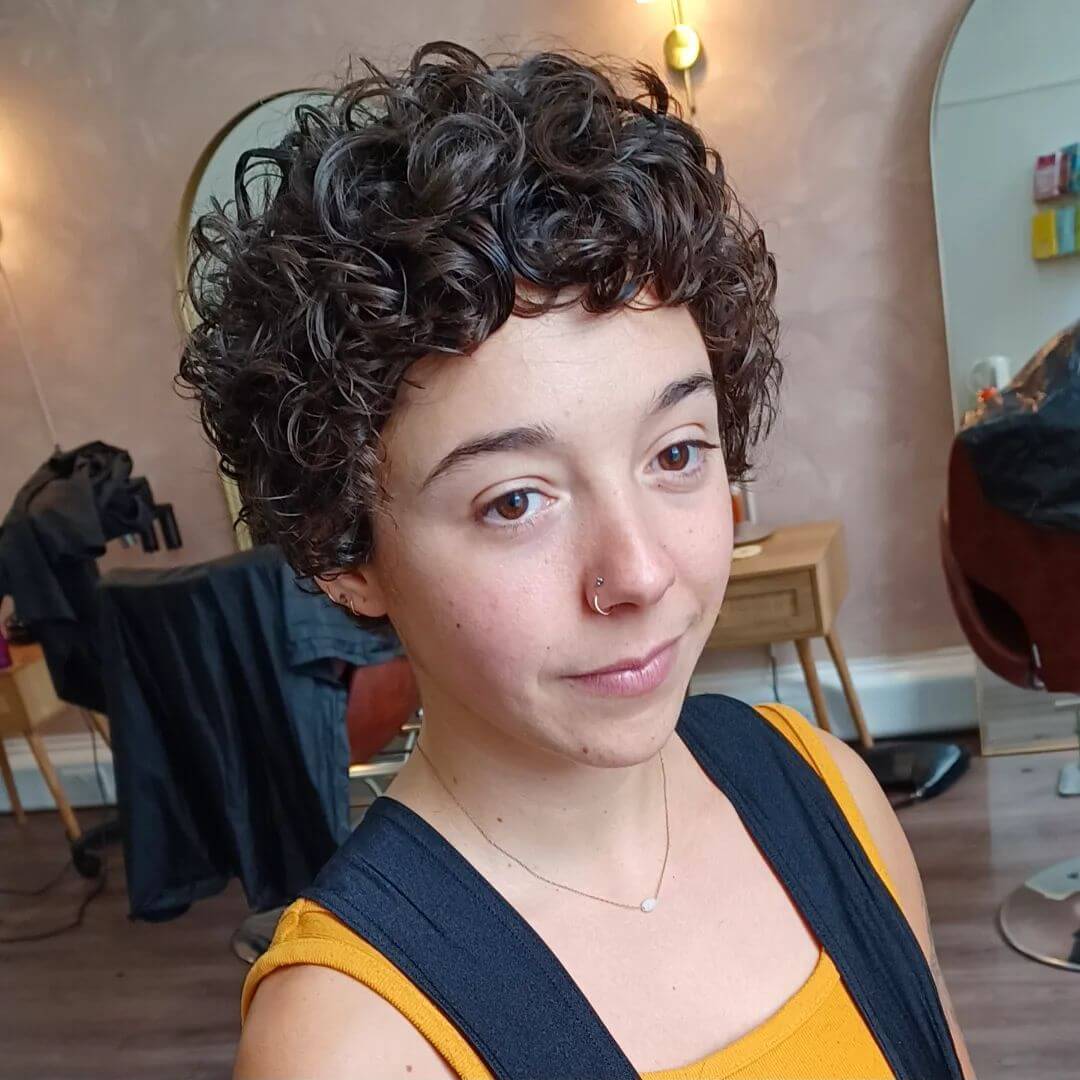 Dark Brown Pixie With Defined Curls, Ear — Trendy Short Curly Hair