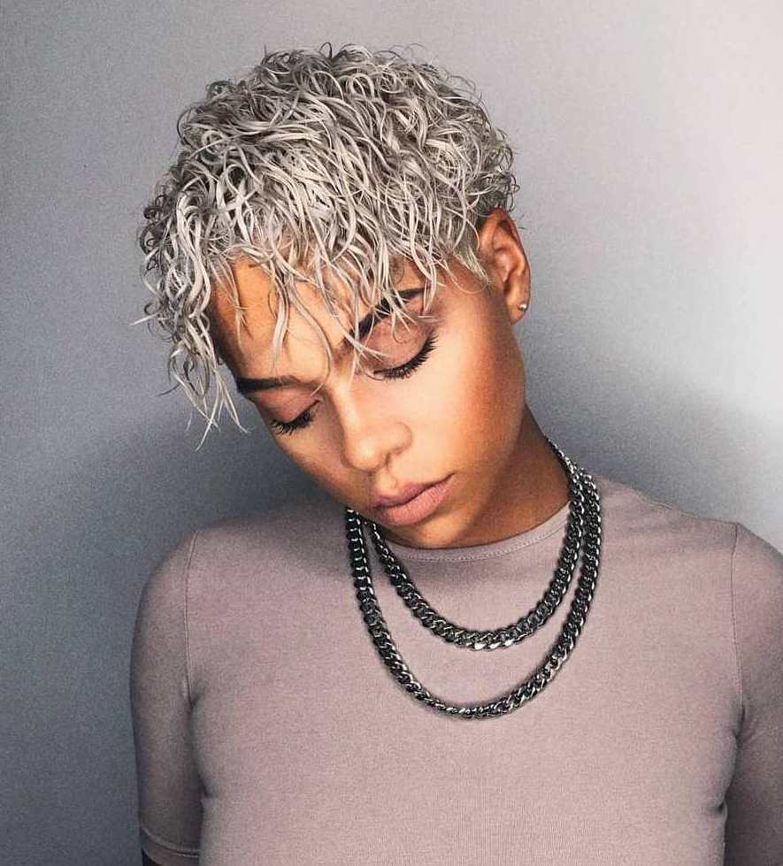 Platinum Blonde Pixie With Wet-Look Curls — Trendy Short Curly Hair