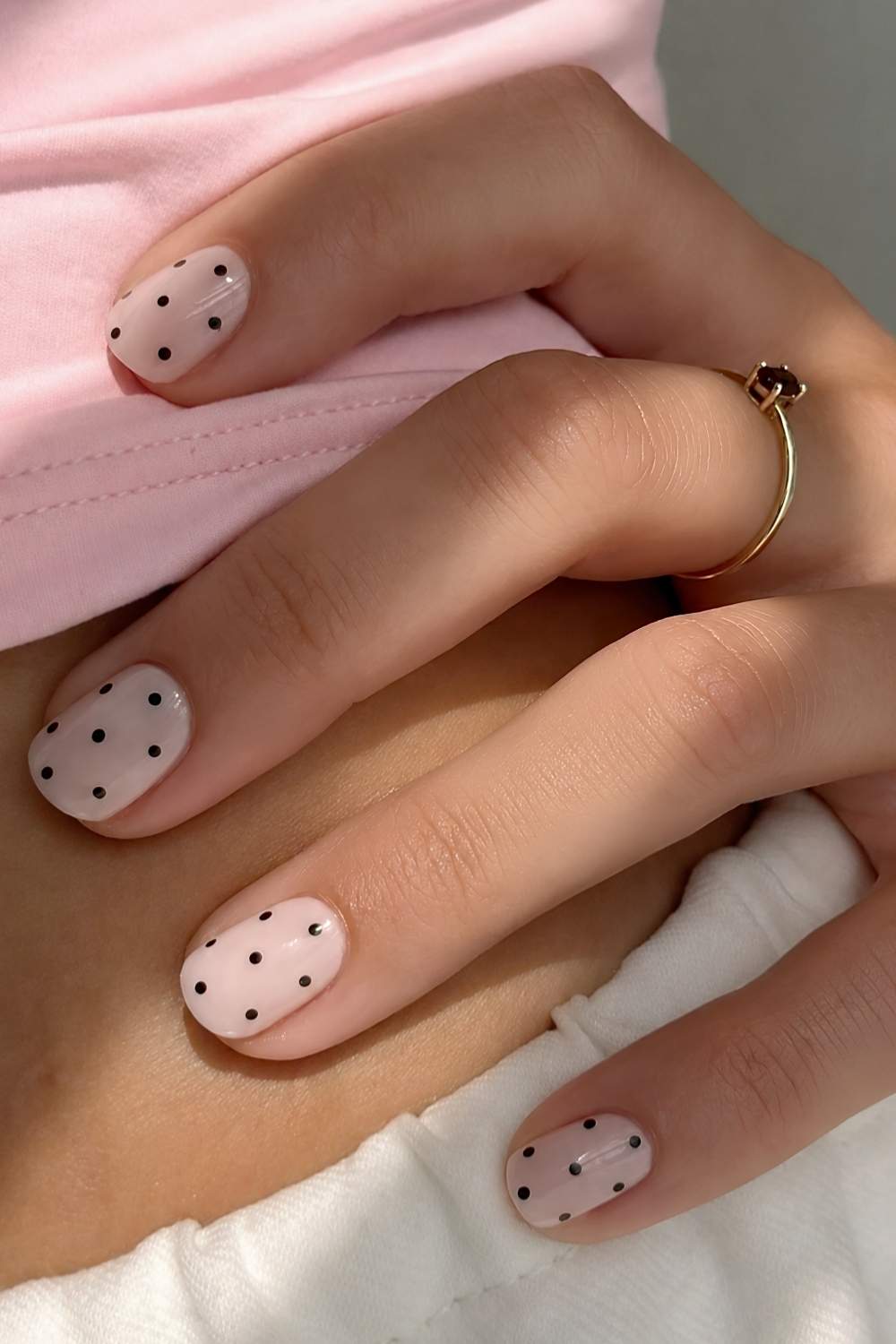 Black Polka Dot Pale Pink Short Oval Nails — Trendy Short Gel Nails