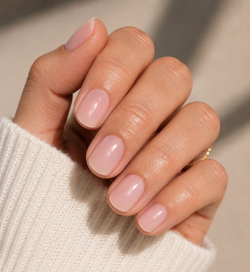 Radiant Milky Pink Nude Shimmer Short Square Nails — Trendy Short Gel Nails