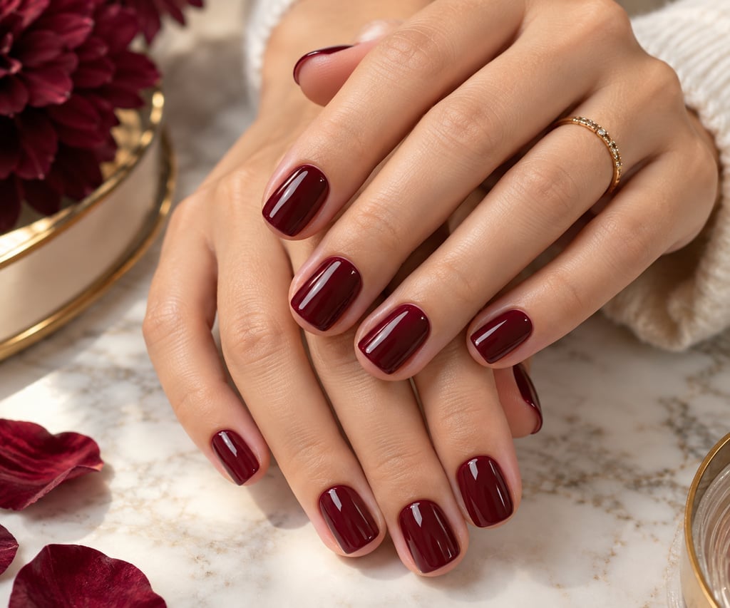 Rich Burgundy Glossy Short Square Nails — Trendy Short Gel Nails
