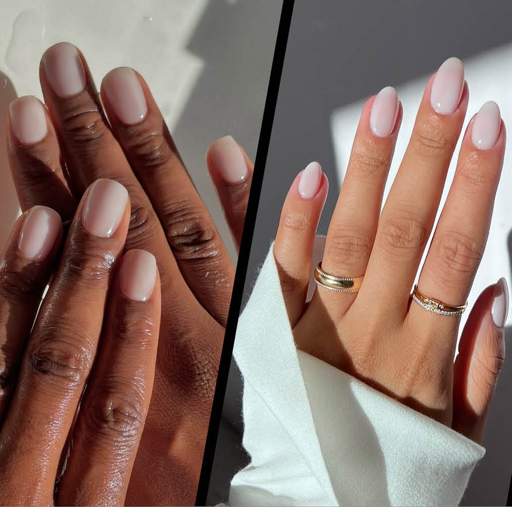 Glossy Sheer Milky Nude Short Almond Nails With Solid Color — Trendy Short Gel Nails