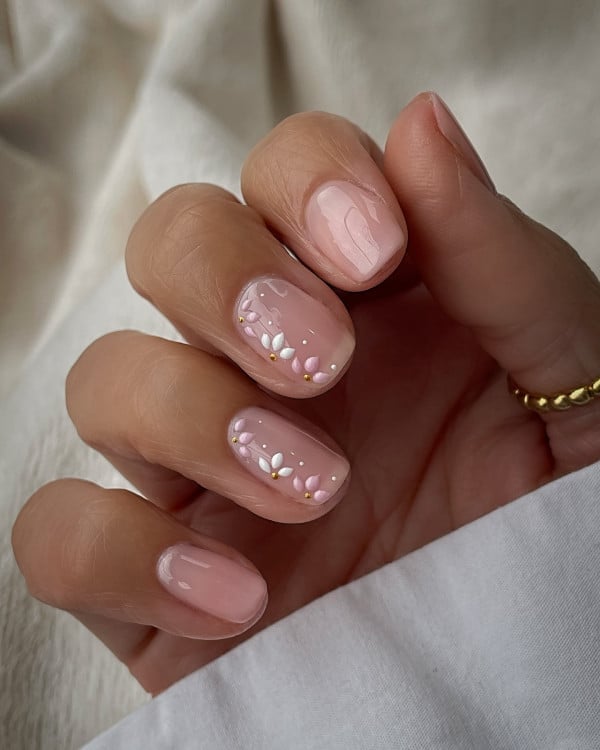 Gold Dot Floral Sheer Pink Short Square Nails — Trendy Short Gel Nails
