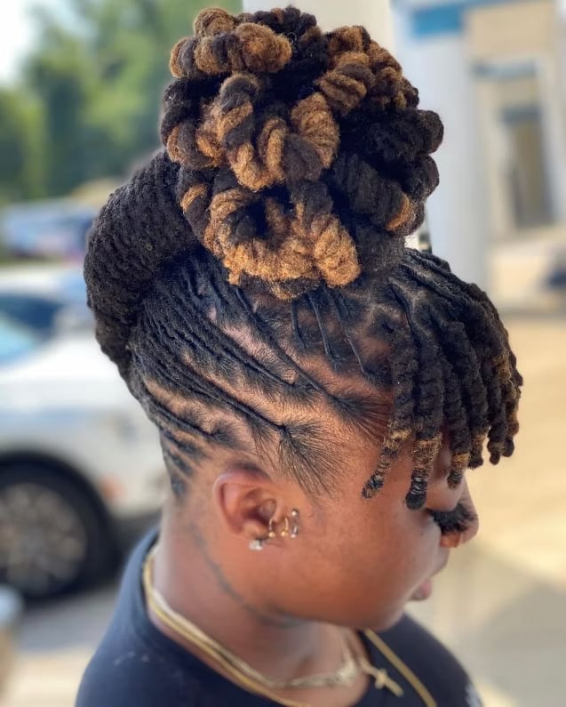 Voluminous Bun With Braided Sides Voluminous Bun With Braided Sides — Trendy Short Locs