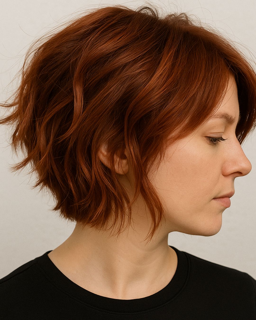 Red Shag With Curtain Bangs, Ear Red Shag With Curtain Bangs, Ear — Trendy Short Natural Hairstyles
